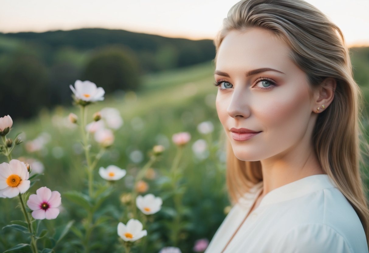 Eine ruhige, natürliche Landschaft mit blühenden Blumen und klarer, gesunder Haut