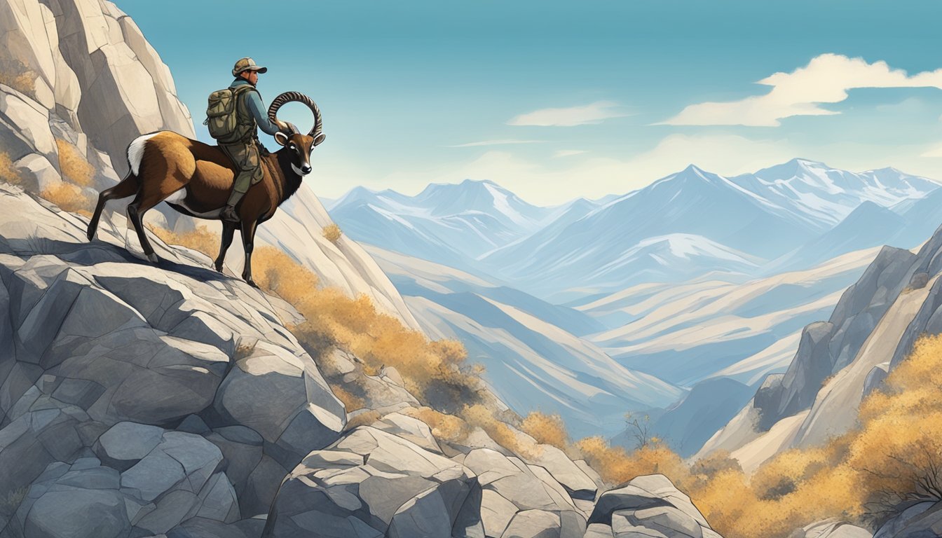 A hunter stalking a mouflon sheep through rocky terrain, with mountains in the background and a clear blue sky above