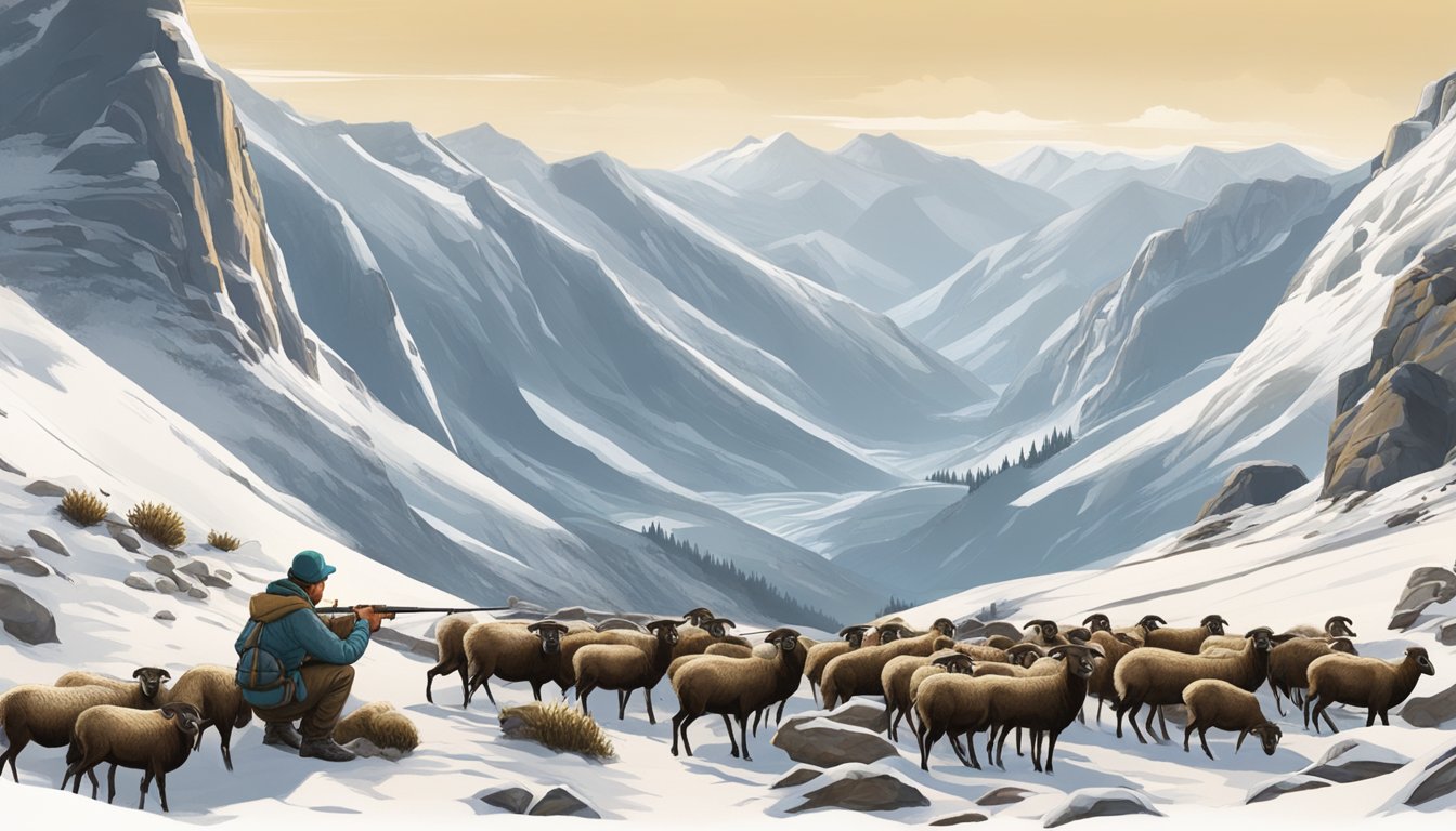 A hunter setting up camp in a rugged mountainside, surrounded by a herd of mouflon sheep