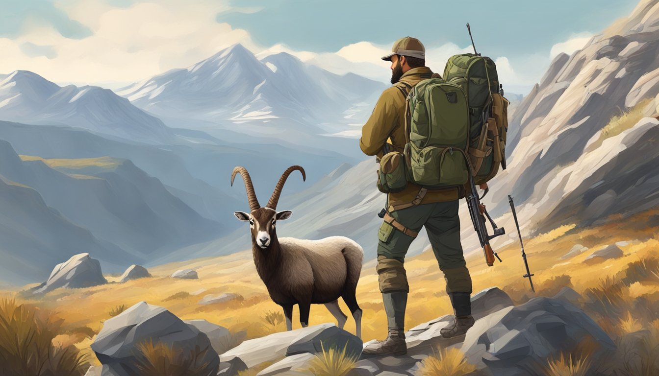 A hunter with a rifle and guide tracking mouflon sheep in a mountainous terrain with rocky outcrops and sparse vegetation