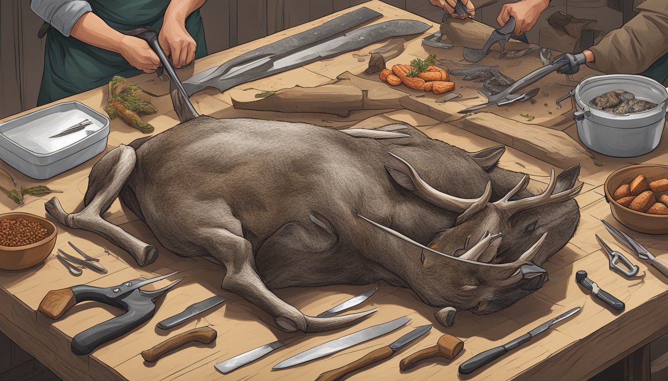 A black-tailed deer carcass being skinned and butchered by a hunter, with tools and equipment scattered around the work area