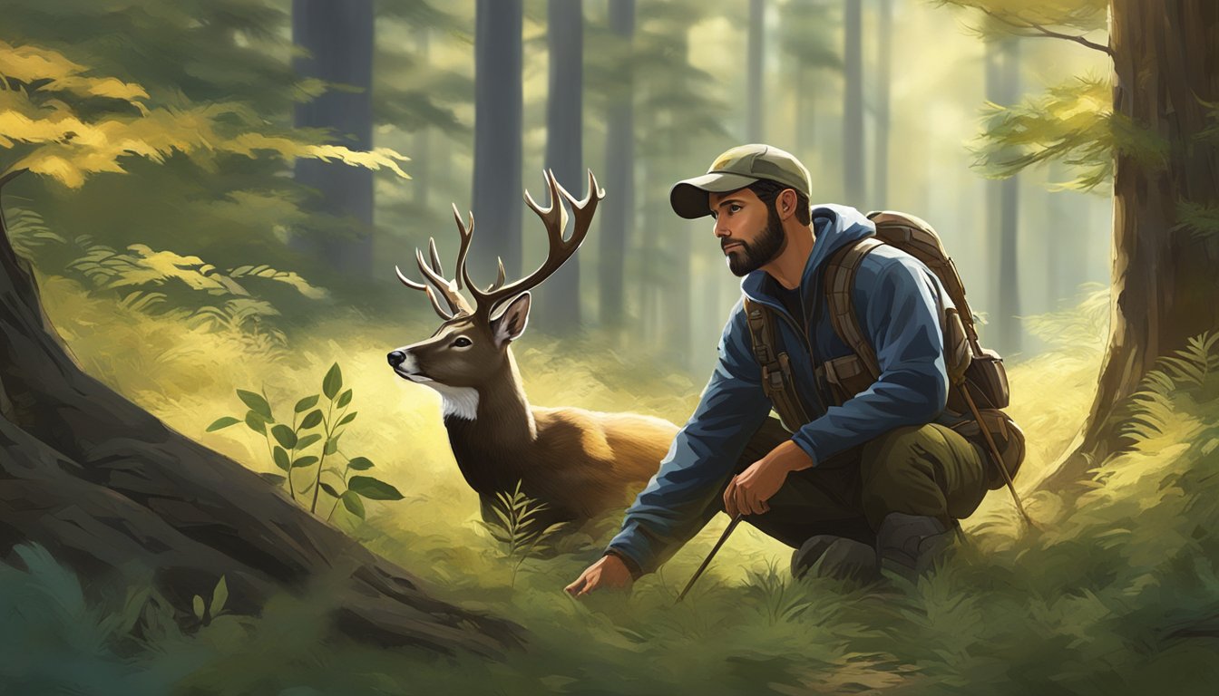 A hunter crouches in the dense forest, aiming at a majestic black-tailed deer grazing in a sunlit clearing. The surrounding trees and foliage create a sense of seclusion and tranquility