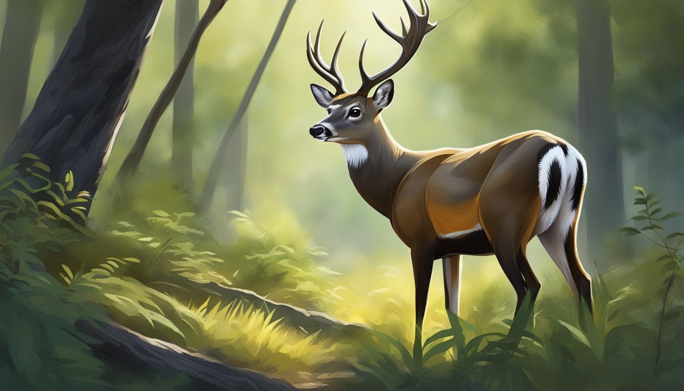 A black-tailed deer cautiously emerges from dense forest underbrush, alert to its surroundings