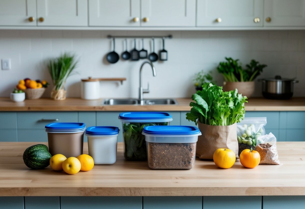 Eine Küche mit wiederverwendbaren Behältern, einer Komposttonne und minimaler Verpackung. Eine Vielzahl von frischen Produkten und unverpackten Artikeln ist ausgestellt.