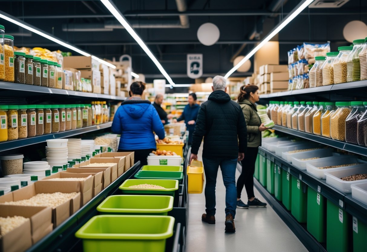 Ein geschäftiger deutscher verpackungsfreier Supermarkt mit Reihen von Losbehältern, Nachfüllstationen und Kunden, die wiederverwendbare Behälter verwenden.