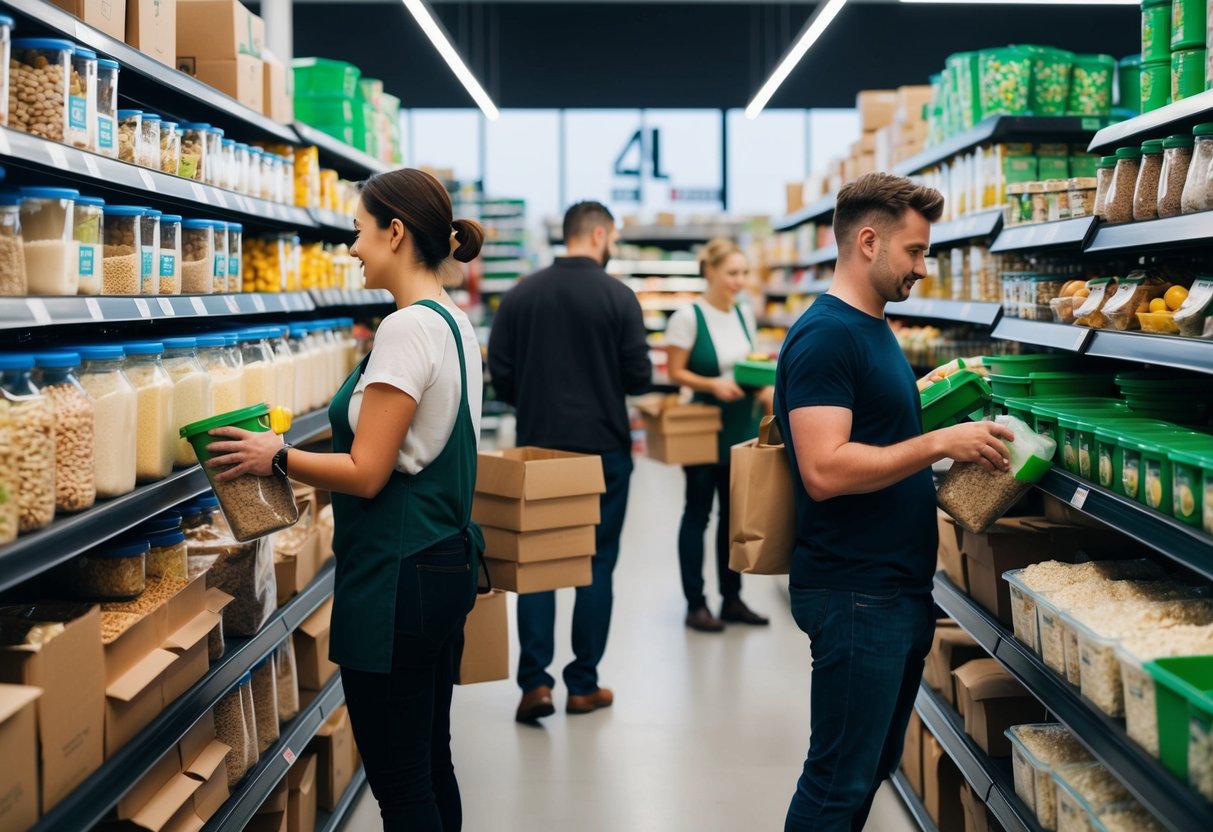 Ein geschäftiger deutscher verpackungsfreier Supermarkt mit Regalen voller Lebensmittel in großen Mengen, Kunden, die wiederverwendbare Behälter füllen, und einer modernen, umweltfreundlichen Atmosphäre.