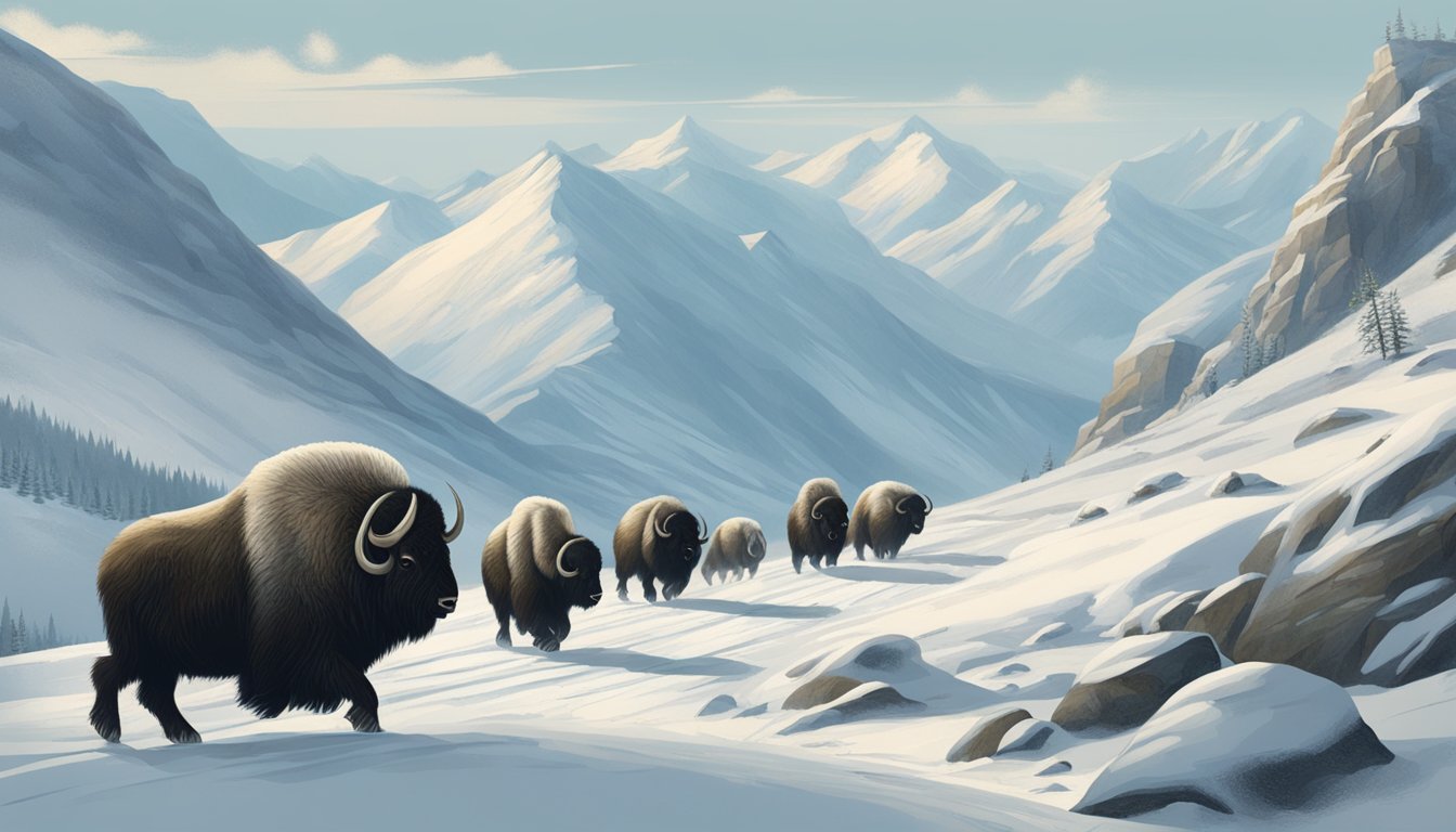 A group of hunters tracking muskox through a snowy, mountainous landscape. One hunter aims a spear while others observe from a distance