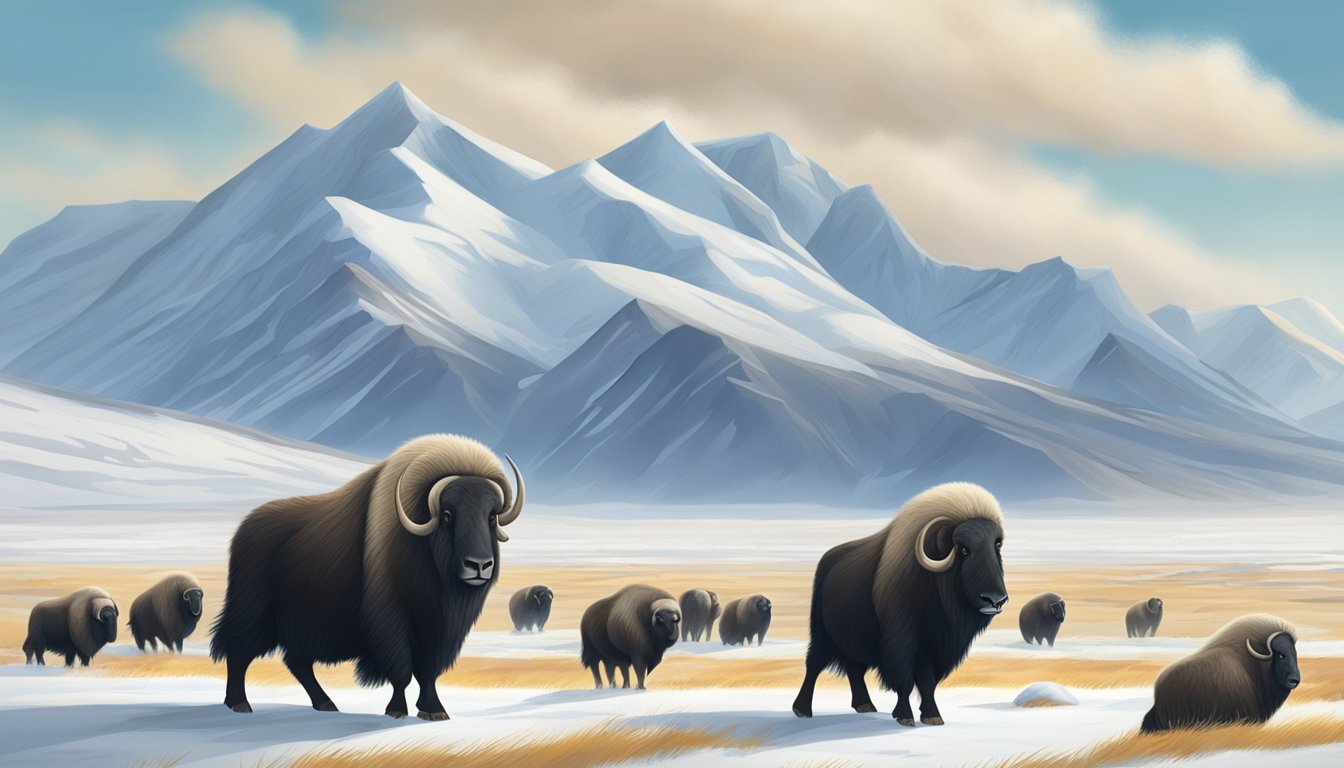 A muskox stands majestically on the tundra, surrounded by a group of fellow herd members. The landscape is vast and barren, with snow-capped mountains in the distance