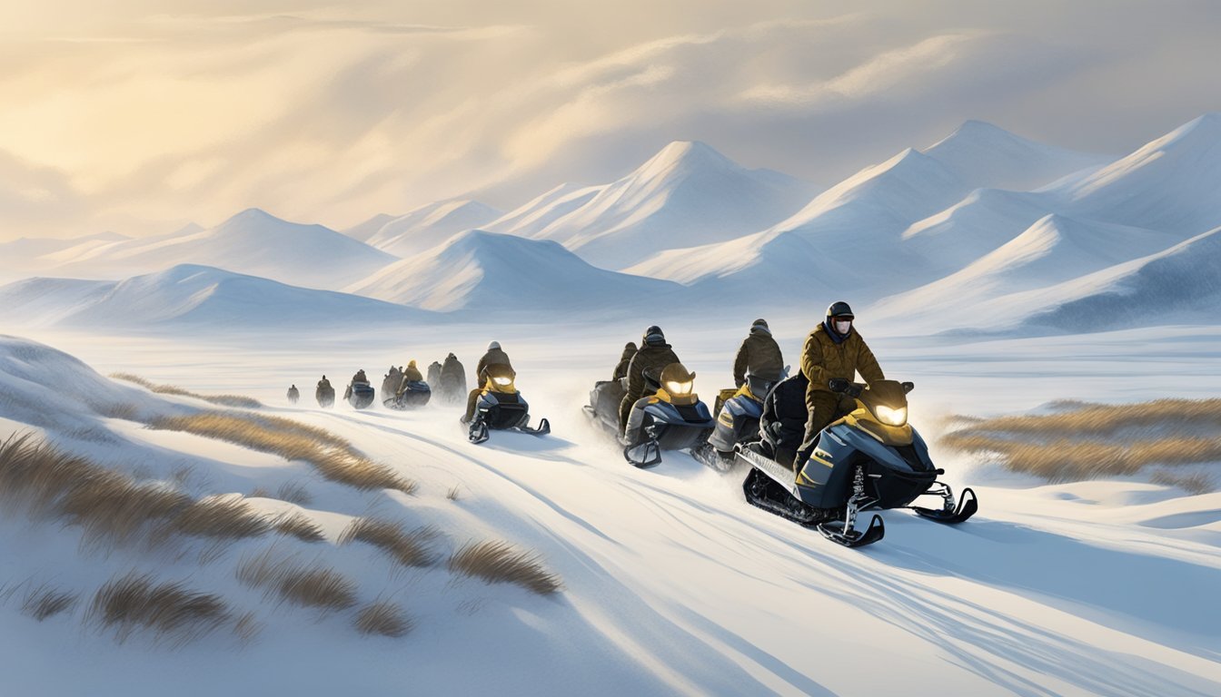 A group of hunters on snowmobiles tracking muskox through a snowy, windswept landscape