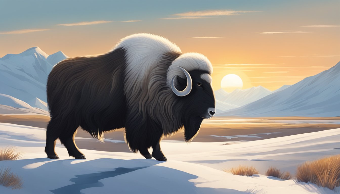 A muskox stands on a snowy tundra, surrounded by a vast, open landscape with mountains in the distance. The sun is low in the sky, casting long shadows