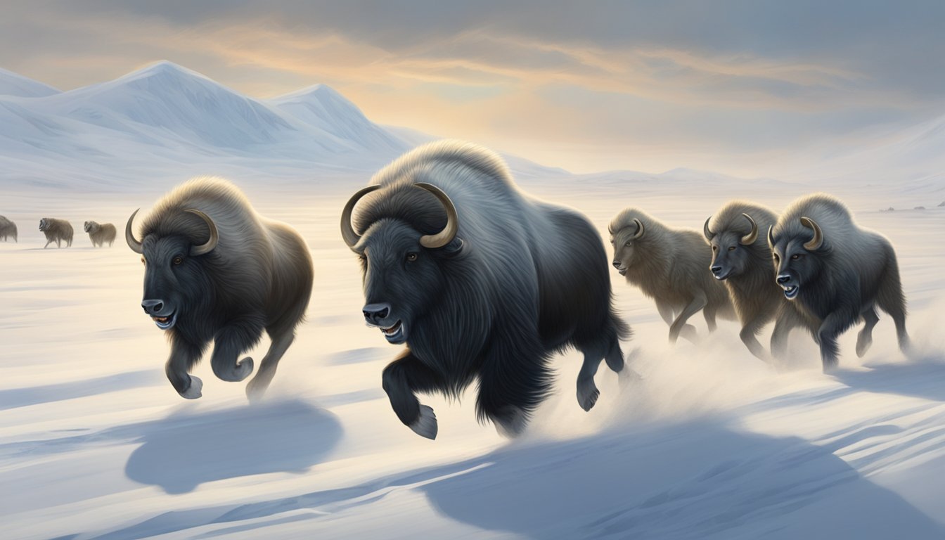 A group of muskoxen being pursued by a pack of wolves across a snowy, windswept tundra