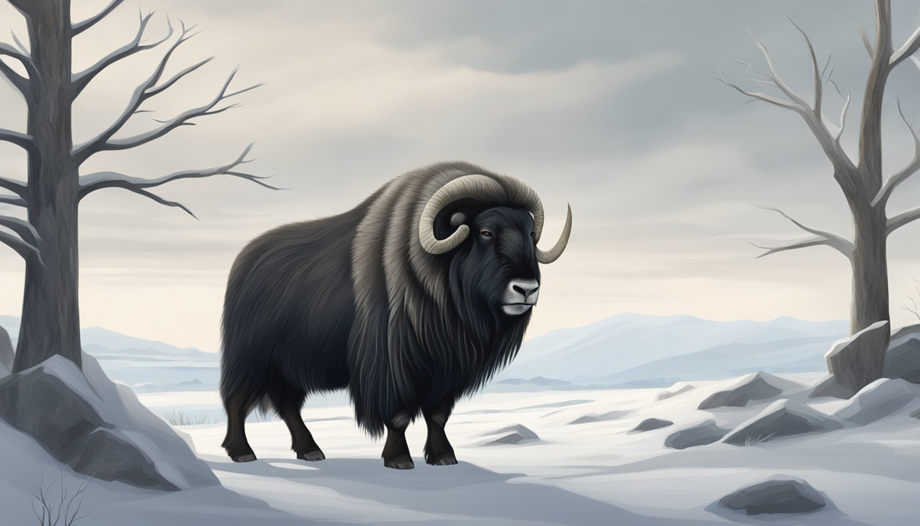 A muskox stands on a snowy tundra, with barren trees in the background. The sky is overcast, and the muskox is alert, ready for potential predators