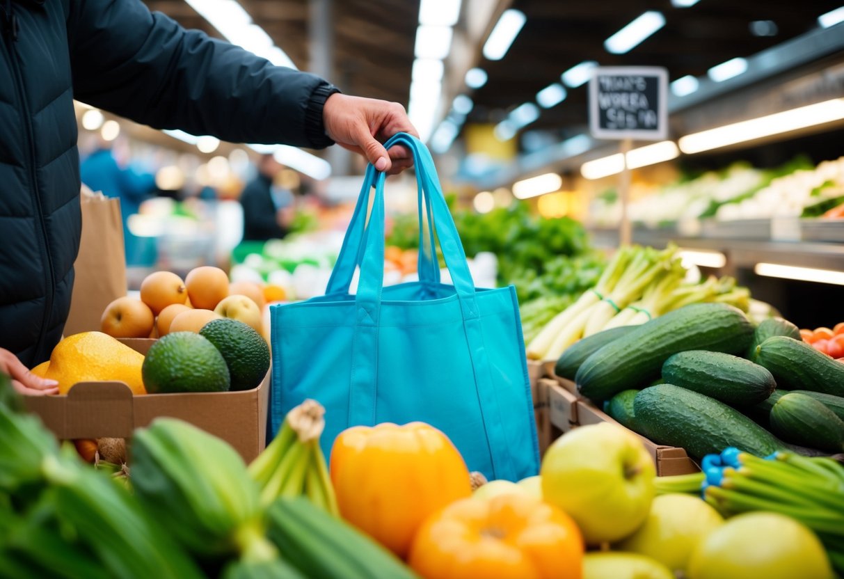 Eine Person, die wiederverwendbare Taschen verwendet, um plastikfreie Lebensmittel auf einem lokalen Markt einzukaufen.