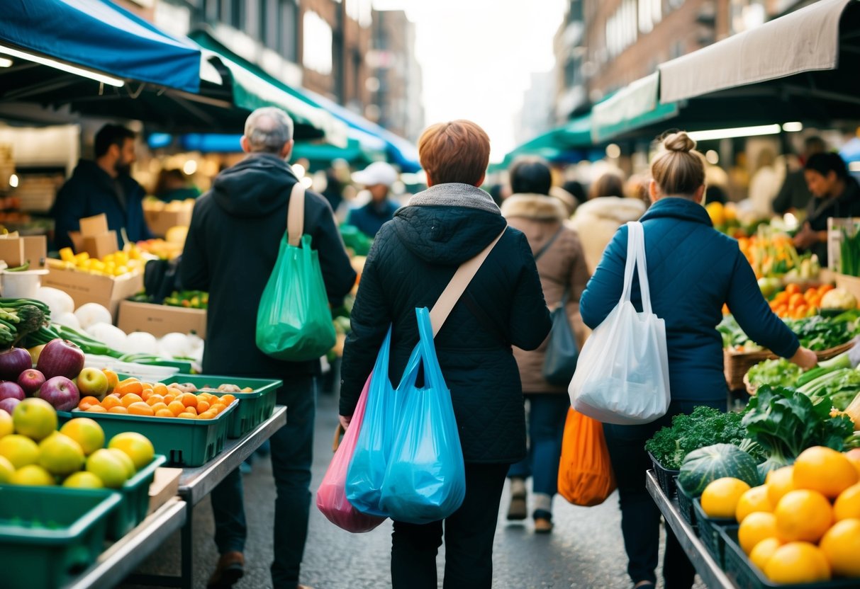 Ein geschäftiger Markt mit Verkäufern, die Obst, Gemüse und andere Waren in wiederverwendbaren Behältern verkaufen. Die Käufer bringen ihre eigenen Taschen und Behälter mit und vermeiden Einwegplastik.