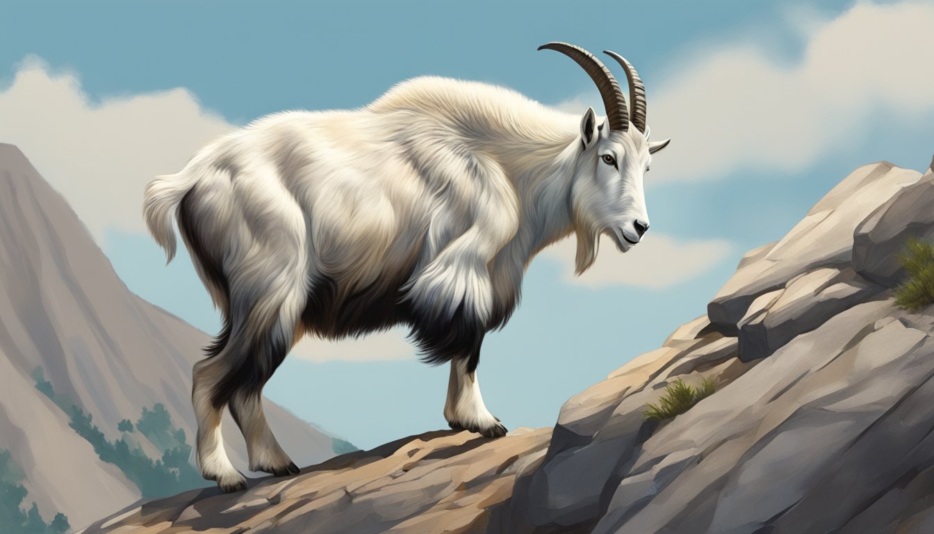 A mountain goat scaling a steep rocky cliff in search of food