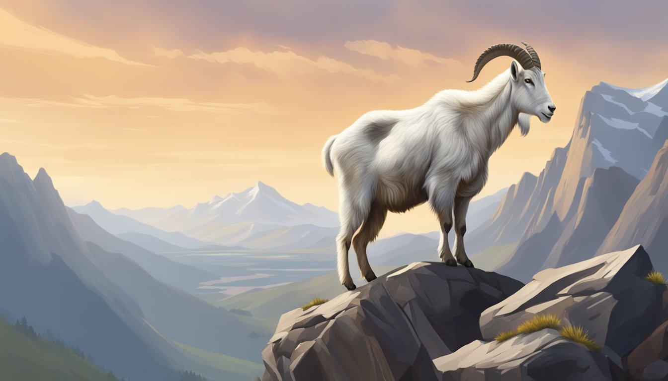 A mountain goat stands on a rocky cliff, overlooking a vast and rugged landscape. Its powerful horns and sturdy build exude strength and resilience