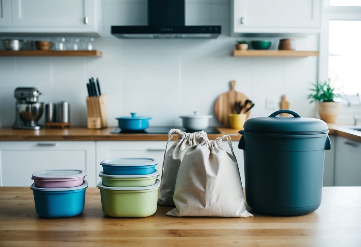 Eine Küche mit wiederverwendbaren Behältern, Stofftaschen und einem Kompostbehälter. Kein Einwegplastik oder übermäßige Verpackung in Sicht.