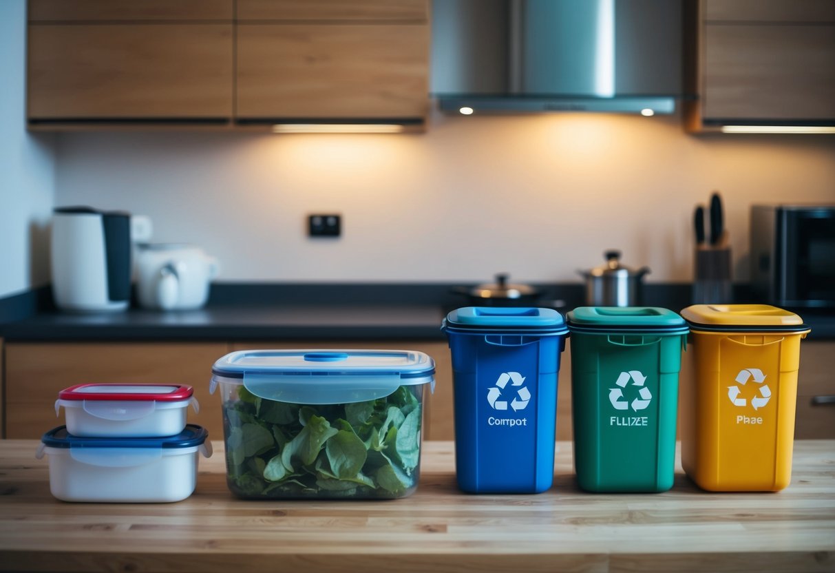 Eine Küche mit wiederverwendbaren Behältern, einem Kompostbehälter und Recyclingbehältern