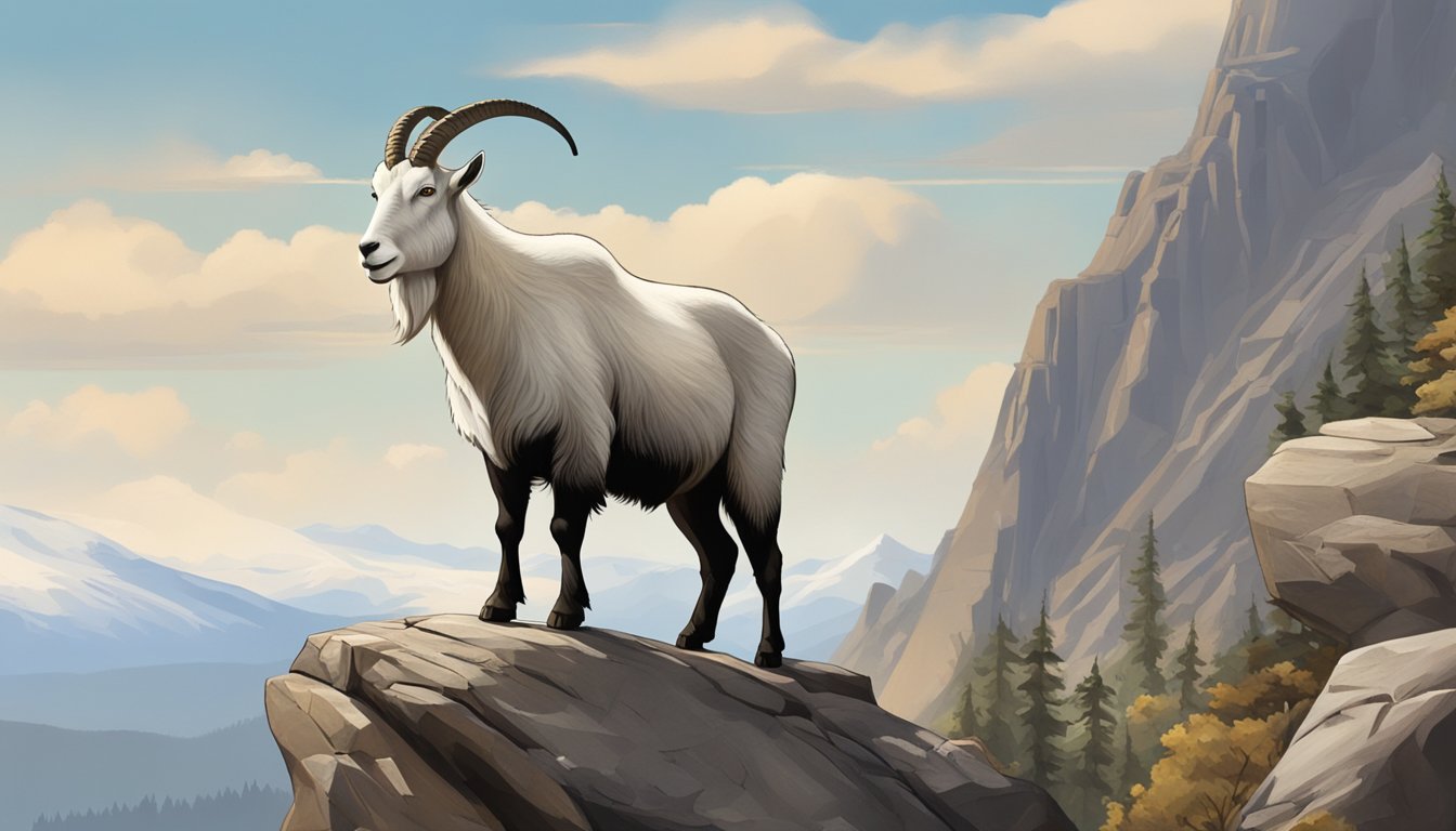 A mountain goat stands proudly on a rocky cliff, overlooking a vast and untouched wilderness. The scene exudes a sense of conservation and ethical hunting practices