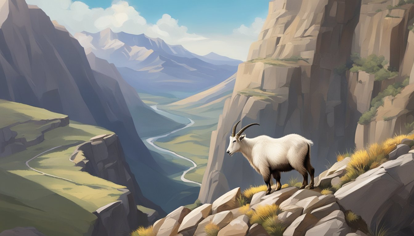 A lone mountain goat perched on a rocky cliff, surrounded by rugged terrain and a vast, open landscape