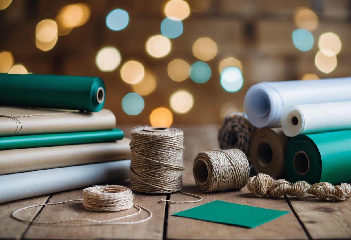 Eine Sammlung von umweltfreundlichen Geschenkverpackungsmaterialien, einschließlich recyceltem Papier, Schnur und wiederverwendbarem Stoff, angeordnet auf einem Holztisch