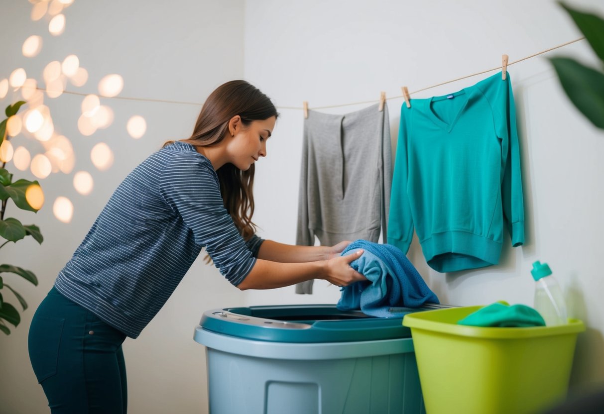 Eine Person, die nachhaltige Kleidungsstücke sorgfältig wäscht und an der Luft trocknet, dabei umweltfreundliche Waschmittel verwendet und Einwegplastik vermeidet.