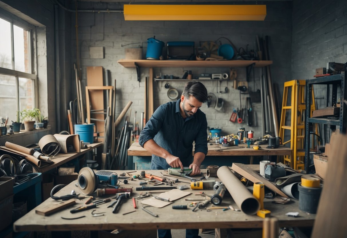 Eine chaotische Werkstatt mit weggeworfenen Materialien und Werkzeugen, während ein Anfänger im Upcycling daran arbeitet, Gegenstände umzuwidmen.