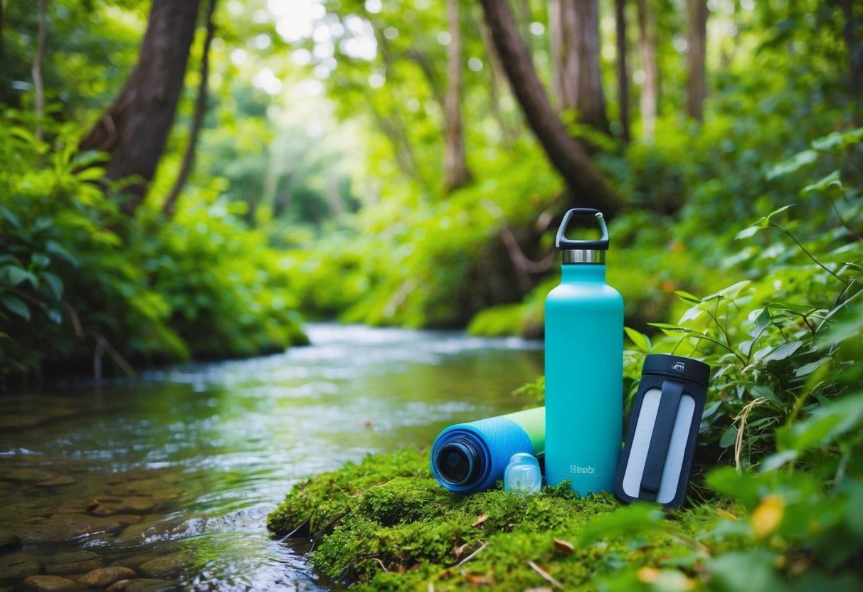 Ein ruhiger Wald mit einem klaren Bach, umgeben von üppigem Grün und Wildtieren. Eine wiederverwendbare Wasserflasche und umweltfreundliche Reiseutensilien sind eingebettet in die natürliche Schönheit.