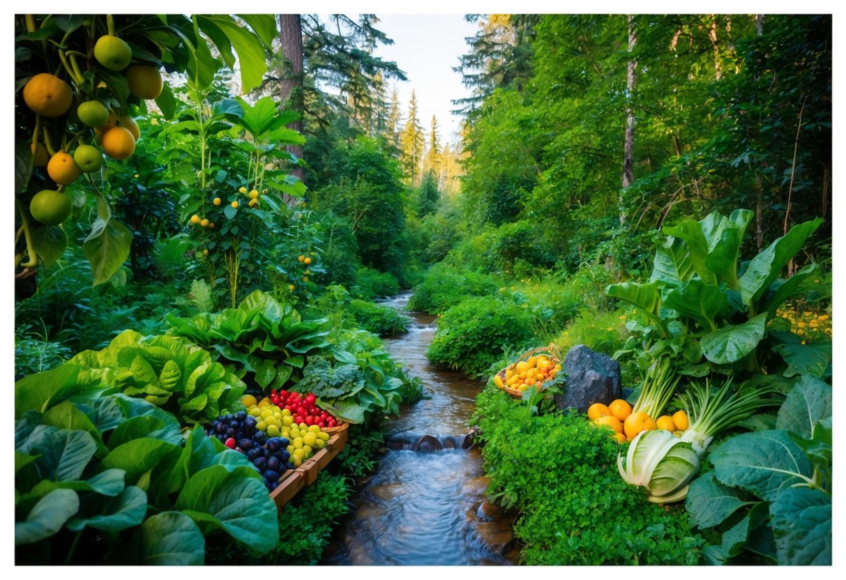 Ein üppiger grüner Wald mit einer Vielzahl von lebhaften Früchten und Gemüse, die reichlich wachsen, umgeben von klaren Bächen und vielfältiger Tierwelt.