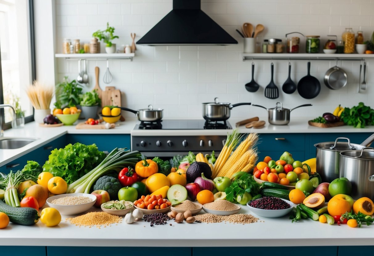 Eine bunte Auswahl frischer Früchte, Gemüse, Getreide und Hülsenfrüchte breitet sich auf einer Küchenarbeitsplatte aus, mit Töpfen, Pfannen und Utensilien, die zum Kochen bereitstehen.