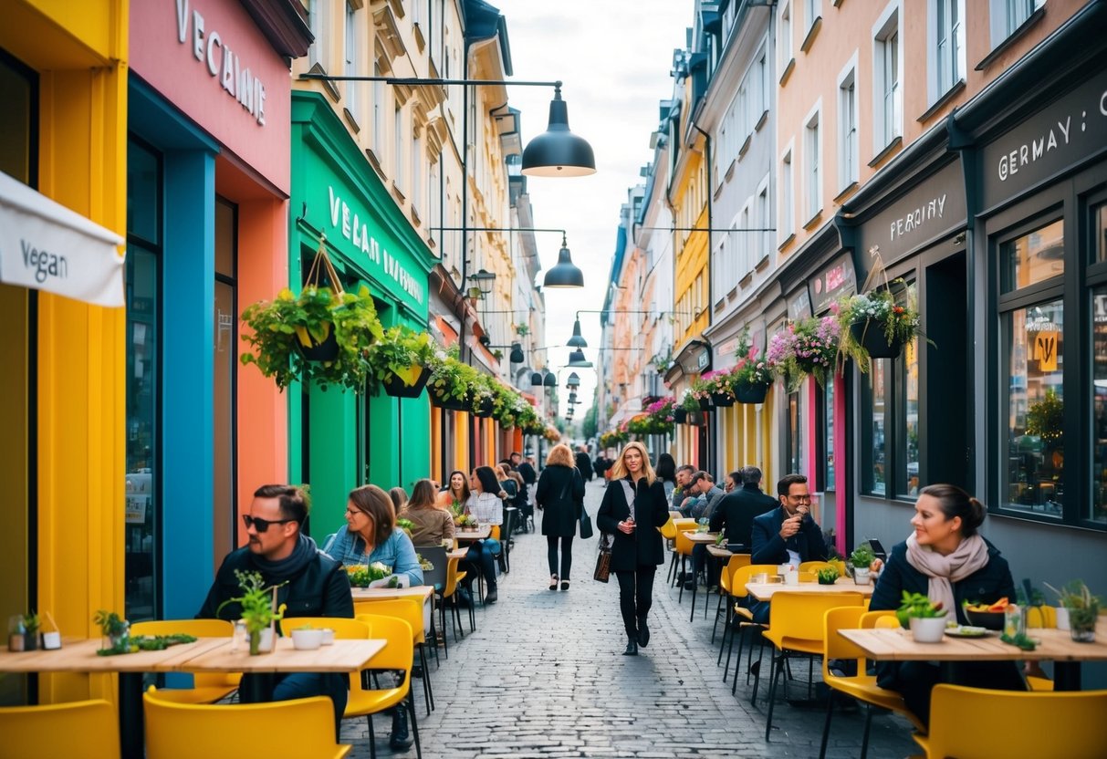 Eine belebte Stadtstraße gesäumt von bunten, pflanzenbasierten Restaurants und Außenplätzen, wo Menschen vegane Küche in Deutschland genießen.