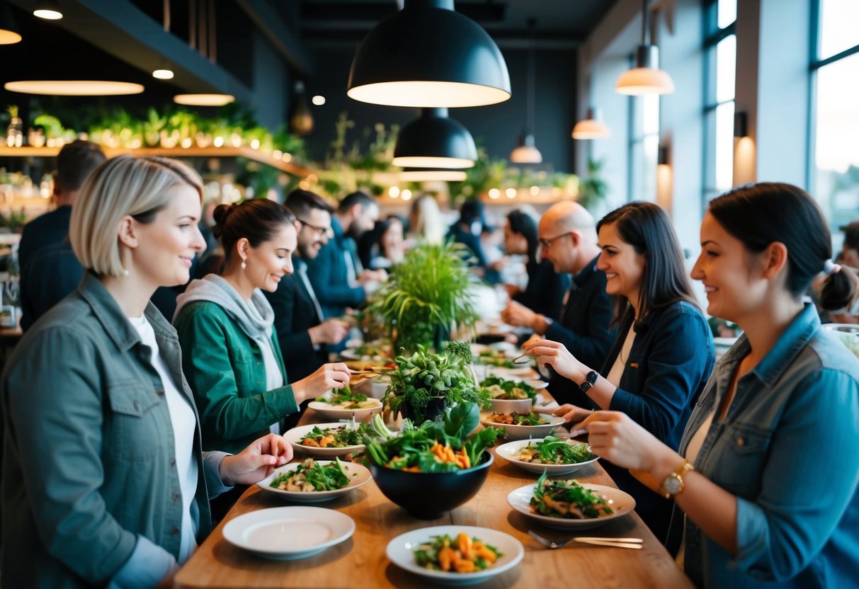 Ein geschäftiges veganes Restaurant in Deutschland, das eine vielfältige Auswahl an pflanzlichen Gerichten anbietet, die einer Mischung von Gästen serviert werden.