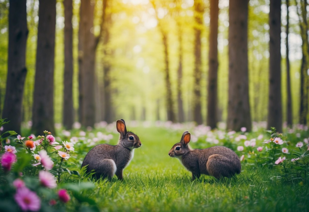 Ein ruhiger Wald mit blühenden Blumen und Tieren, die harmonisch zusammenleben.