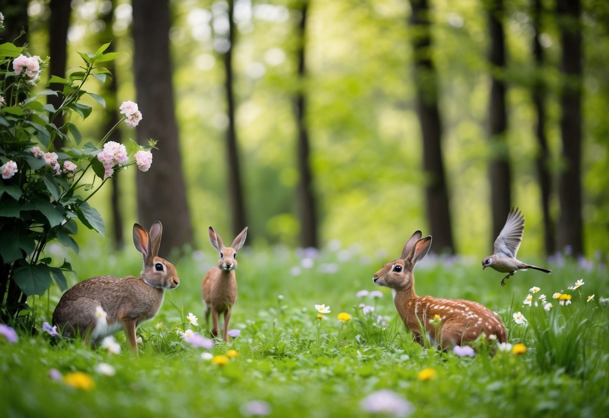 Eine ruhige Waldlichtung mit einem Hasen, einem Reh und einem Vogel, umgeben von blühenden Blumen und üppigem Grün.