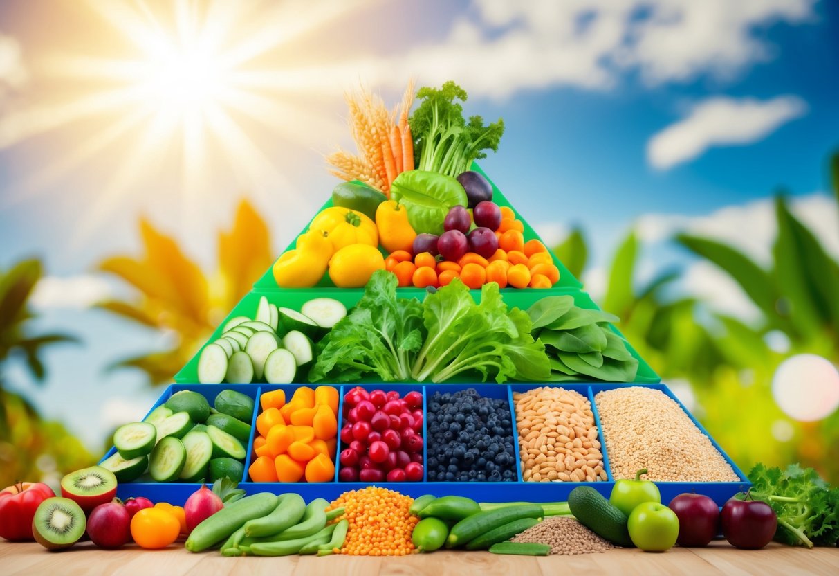 Eine bunte Pyramide mit verschiedenen pflanzlichen Lebensmitteln, die in Abschnitten angeordnet sind, wie Obst, Gemüse, Getreide und Hülsenfrüchte, mit einer strahlenden Sonne im Hintergrund.