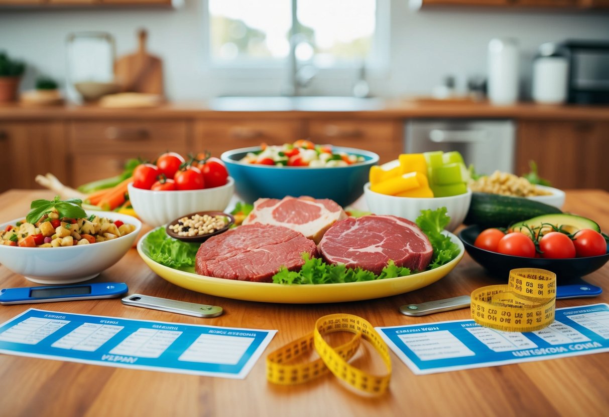 Ein Tisch mit verschiedenen Fleisch- und veganen Lebensmitteln, umgeben von Messwerkzeugen und Nährstofftabellen.