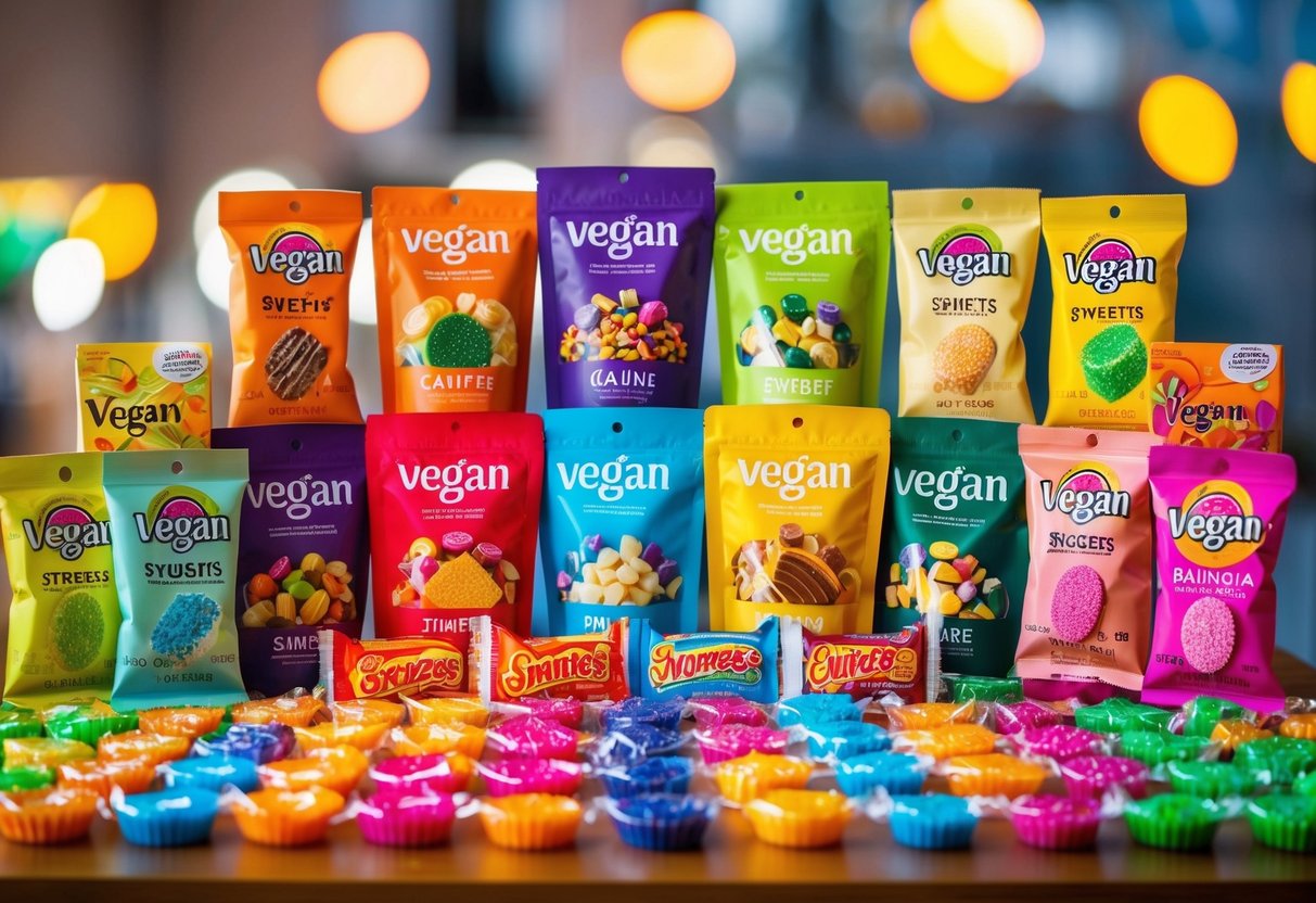 Eine bunte Auswahl verschiedener veganer Süßigkeiten und Bonbons von verschiedenen Marken, auf einem Tisch mit lebhaften Verpackungen und verlockenden Formen und Texturen angeordnet.