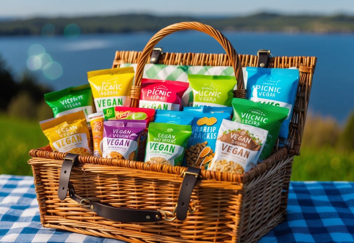 Eine Vielzahl von veganen Snacks, ordentlich in einem Weidenpicknickkorb angeordnet, mit einer malerischen Außenansicht im Hintergrund.