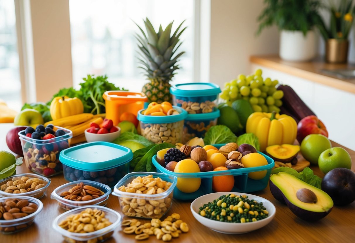 Ein Tisch, der mit bunten Früchten, Nüssen und Gemüse gefüllt ist, zusammen mit einer Vielzahl von Behältern und Utensilien zur Zubereitung und Verpackung von veganen Snacks für unterwegs.