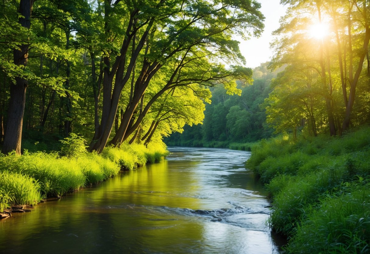 Eine friedliche Naturszene mit einem ruhigen Fluss, der durch einen üppigen grünen Wald fließt, während das Sonnenlicht durch die Bäume filtert.