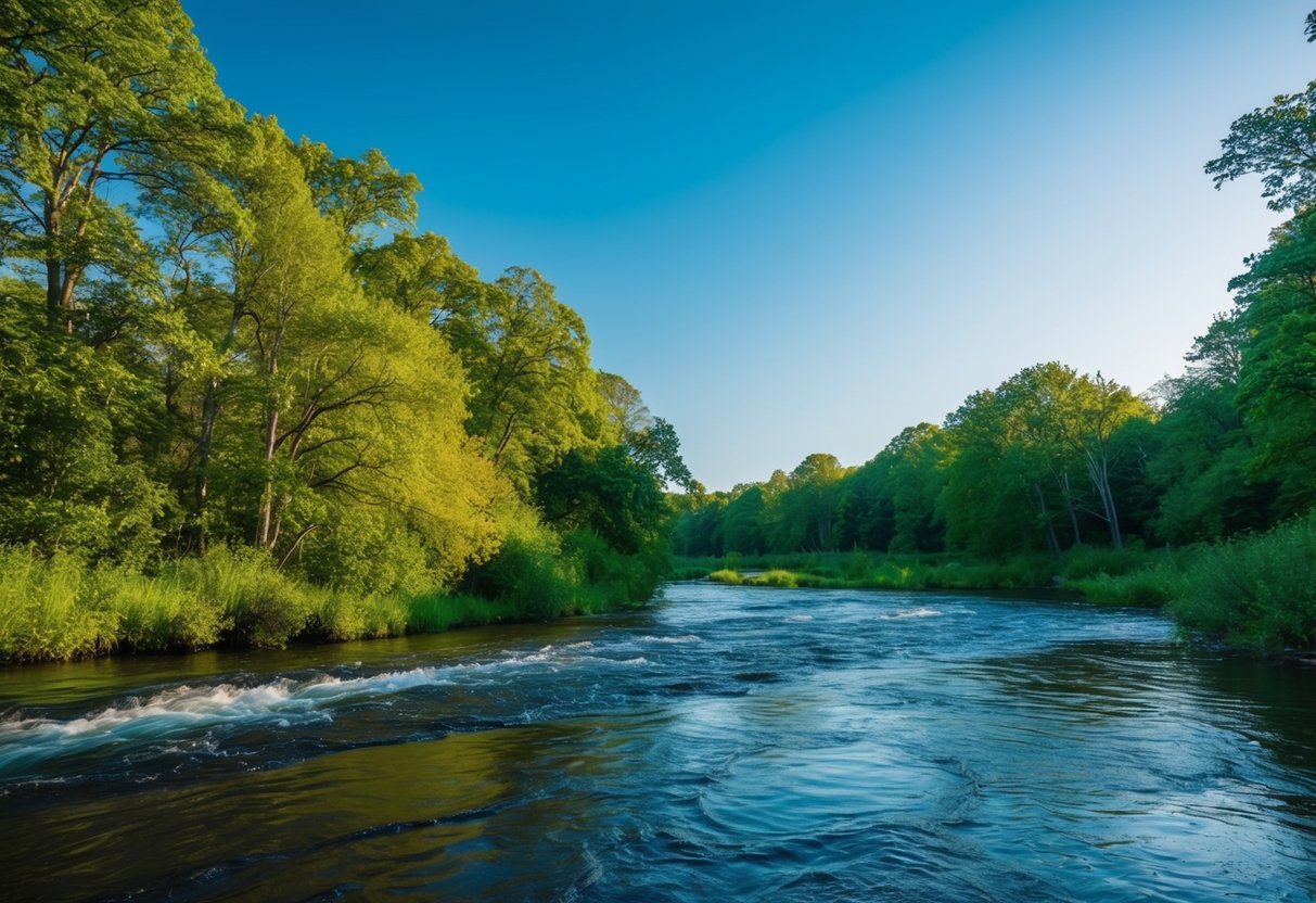 Eine friedliche Naturszene mit einem fließenden Fluss, üppigen grünen Bäumen und einem klaren blauen Himmel, die ein Gefühl von Ruhe und Gelassenheit zur Stressbewältigung vermittelt.