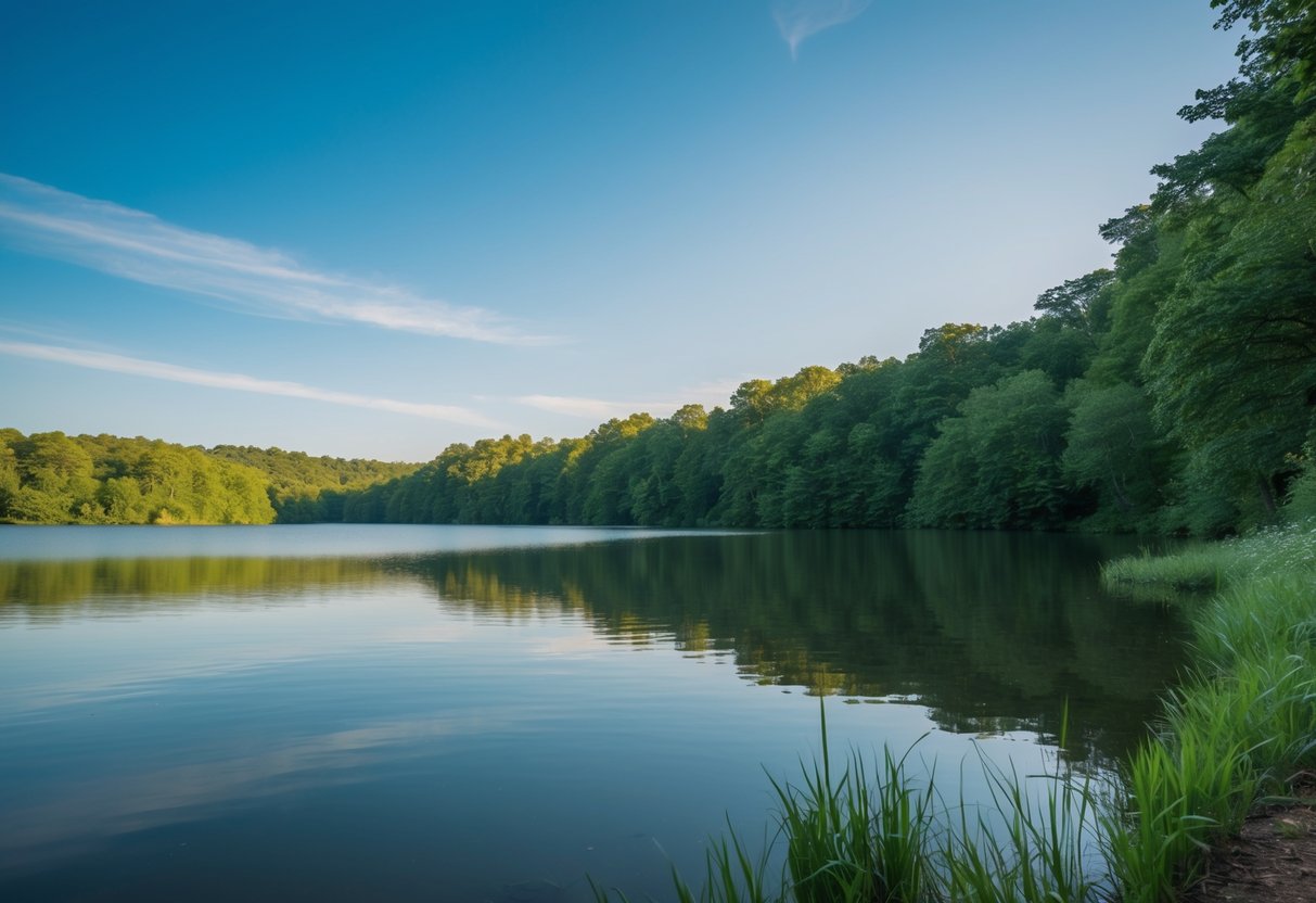 Eine ruhige Umgebung mit einem ruhigen, stillen See, umgeben von üppigem Grün und einem klaren blauen Himmel darüber.