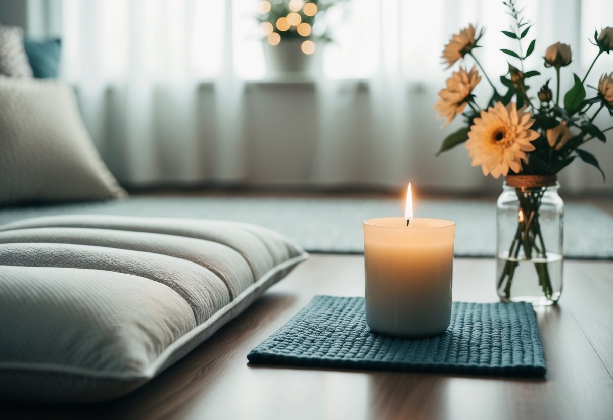 Ein ruhiger, aufgeräumter Raum mit einer gepolsterten Matte, einem kleinen Tisch mit einer brennenden Kerze und einer Vase mit frischen Blumen.