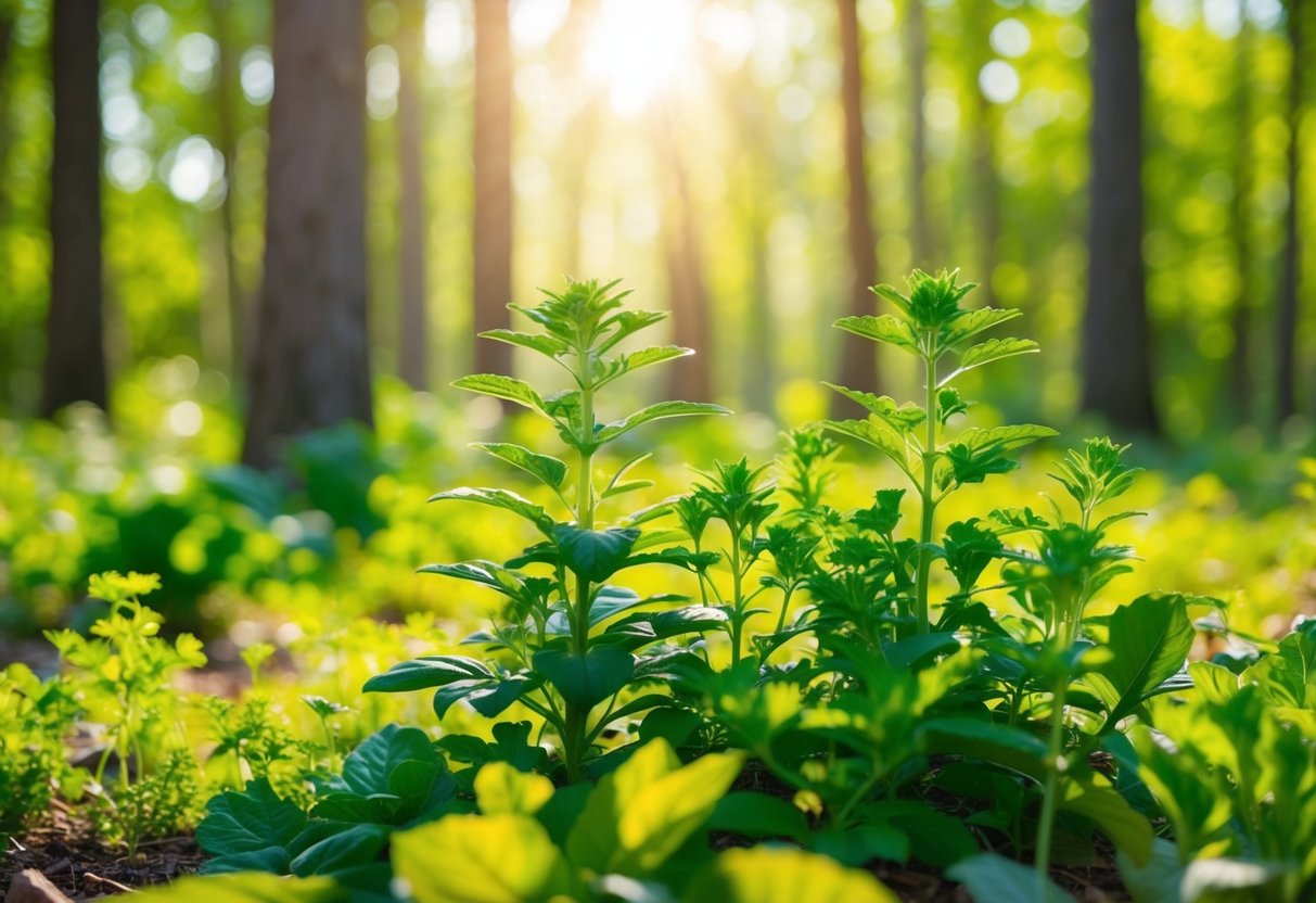 Eine ruhige Lichtung im Wald mit lebhaften, gesunden Pflanzen und Kräutern, umgeben von Sonnenlicht und einem Gefühl natürlicher Vitalität