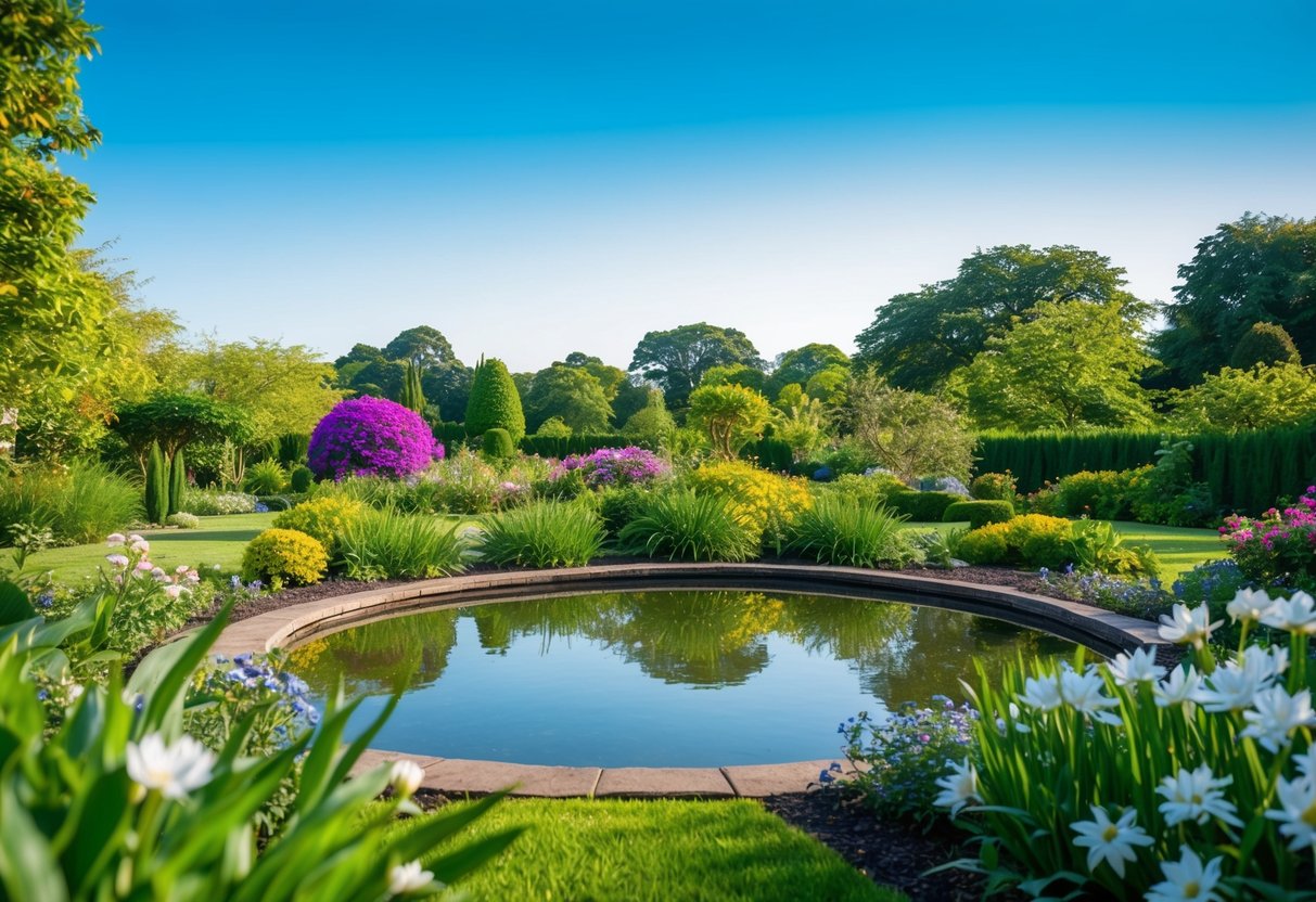 Ein ruhiger Garten mit einem friedlichen Teich, umgeben von üppigem Grün und blühenden Blumen, unter einem klaren blauen Himmel