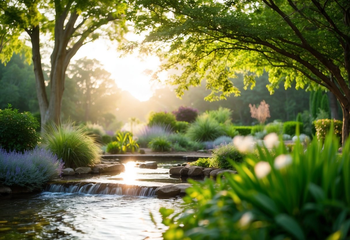 Eine ruhige, friedliche Umgebung mit einem beschaulichen Garten, fließendem Wasser und sanftem Sonnenlicht, das durch die Bäume filtert.