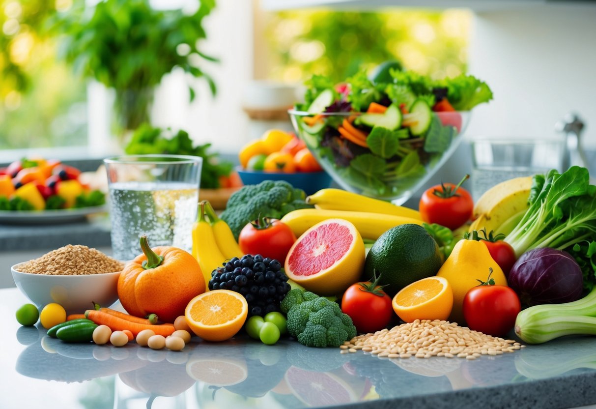 Eine bunte Auswahl an frischen Früchten, Gemüse, Vollkornprodukten und mageren Proteinen, die auf einer Küchenarbeitsplatte angeordnet sind, mit einem Glas Wasser und einem lebhaften Salat im Hintergrund.