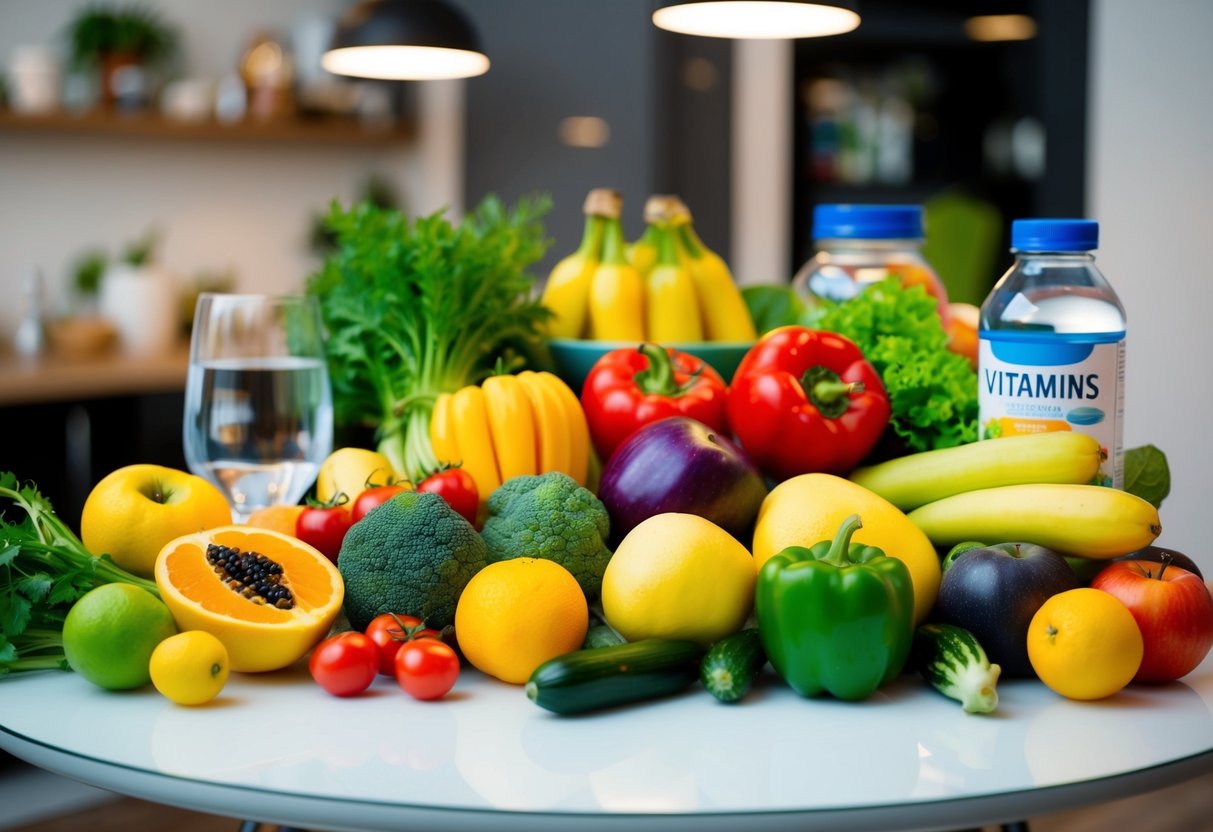 Eine Vielzahl von bunten Früchten und Gemüse, die auf einem Tisch angeordnet sind, mit einem Glas Wasser und einer Flasche Vitamine in der Nähe.