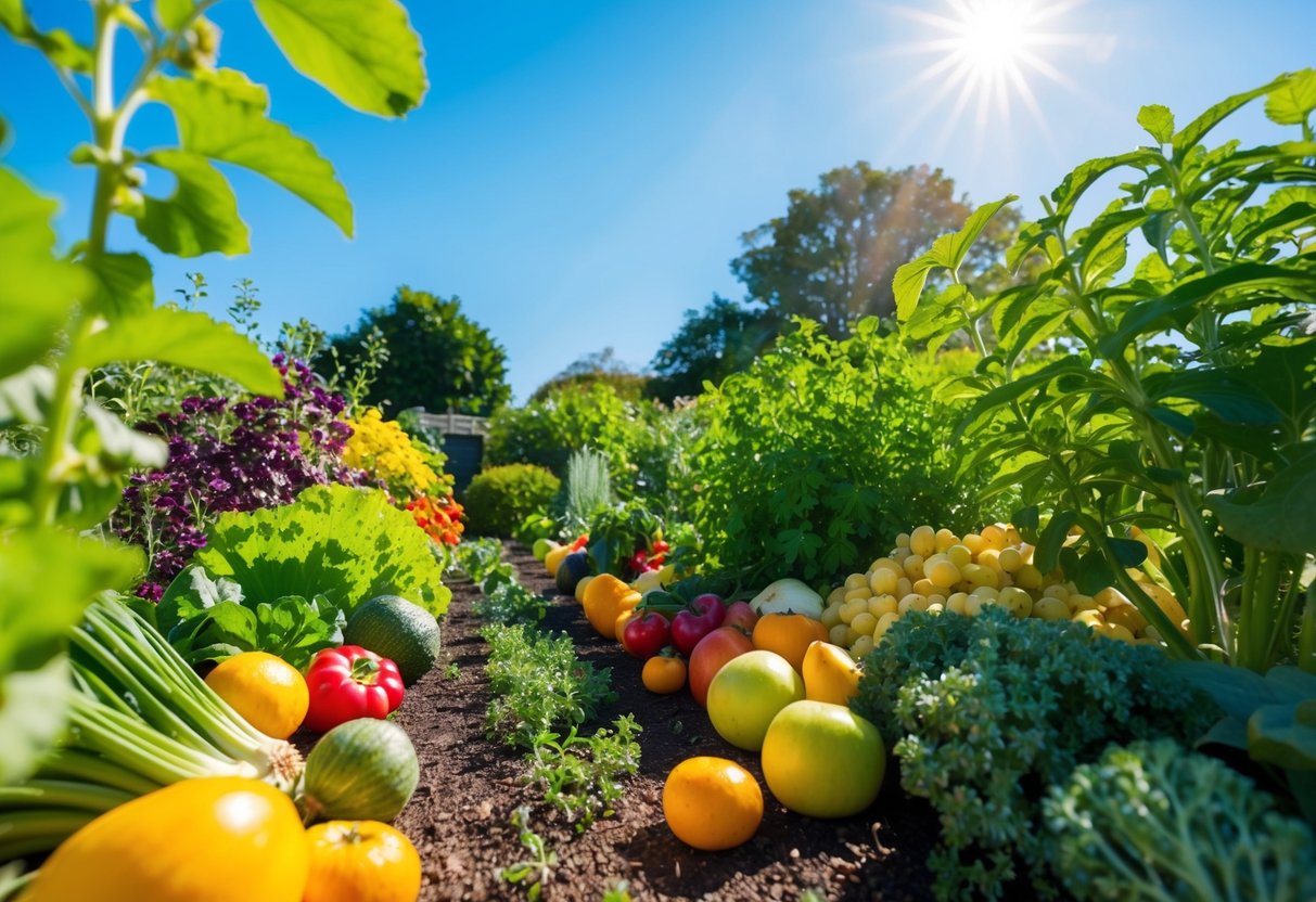 Ein lebendiger Garten mit bunten Früchten, Gemüse und Kräutern, umgeben von einem klaren blauen Himmel und der strahlenden Sonne