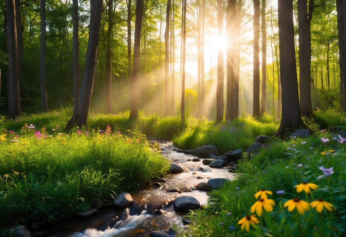 Eine ruhige Waldlichtung mit Sonnenlicht, das durch die Bäume filtert, einem plätschernden Bach und bunten Wildblumen.